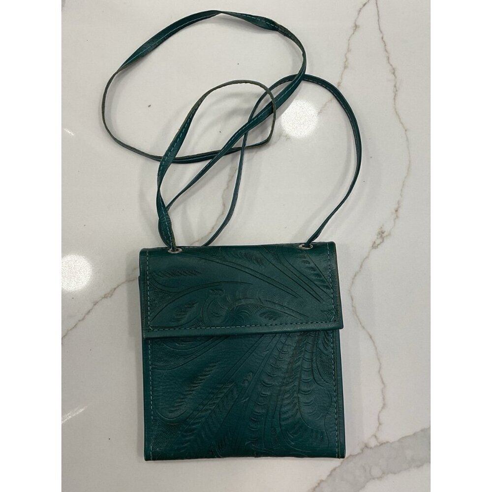 NWOT JL Saldivar Tooled Leather Hand Crafted Teal Cross Body Wallet Purse